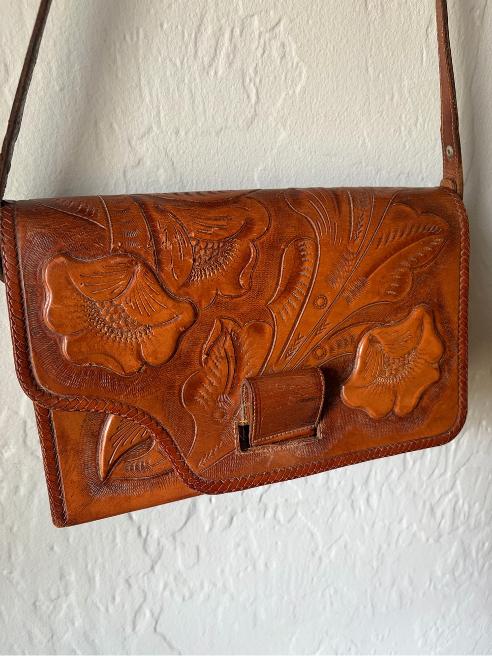 Hand-Tooled Floral Leather Crossbody Bag in Brown